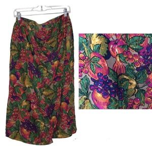 Vintage Chaus Silk Colorful Fruit Print Midi Wrap Skirt Sarong Style Large